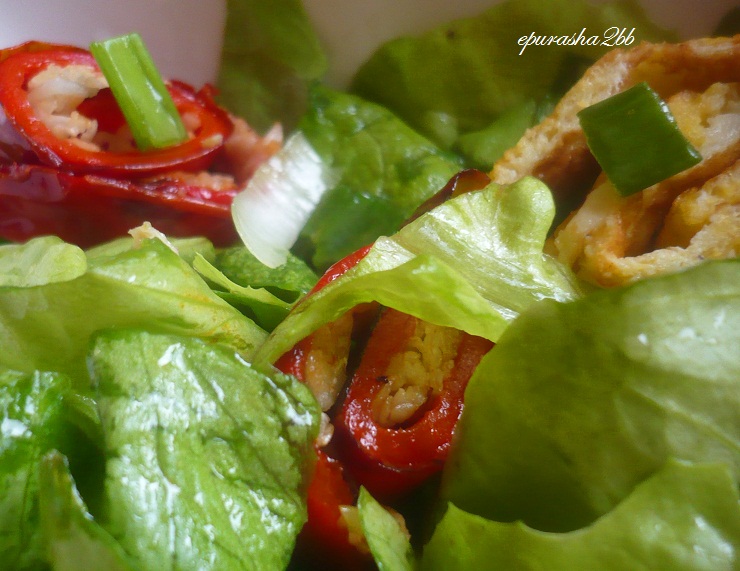 Salata verde cu rulouri de ardei copt si omleta