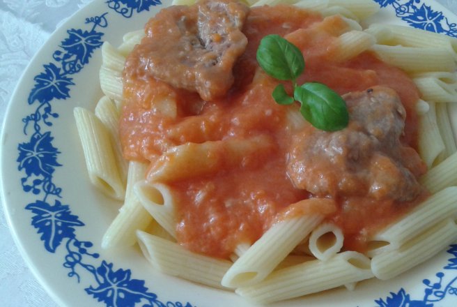 Penne cu sos de legume si carne de porc