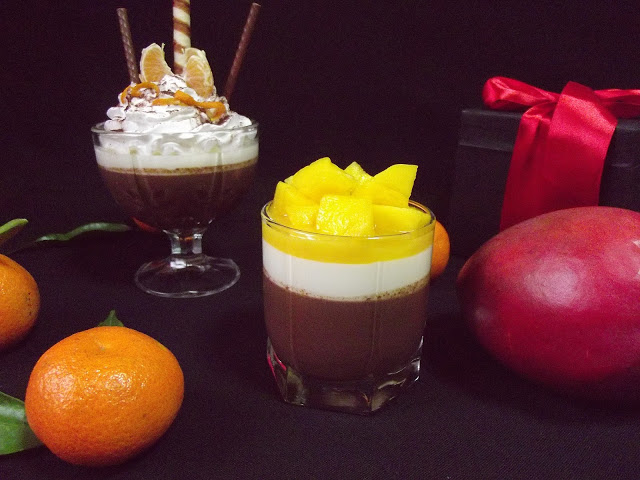 Panna cotta cu ciocolată,cu vanilie şi jeleu de mango