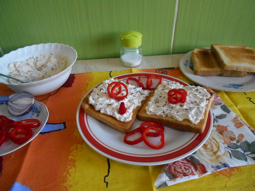 Aperitiv pasta tartinabila din branza de vaci, cu ceapa rosie si chimen